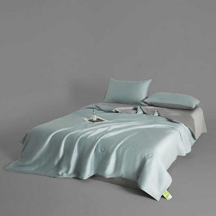 91家纺网 家纺一手货源 找家纺 AB家纺2025新品A类莱赛尔双拼50天丝空调夏被四件套 冰川蓝-烟灰
