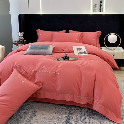 宇彬家纺 2025直播新款13374全棉纯棉母婴级压线一字绣纯色刺绣四件套全棉纯棉贡缎新疆长绒字母款铂金系列 铂金 宝石红