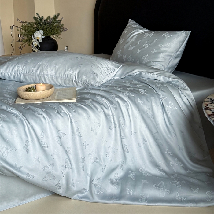 91家纺网 家纺一手货源 找家纺 FORTWO2025新款60支兰精天丝浮雕提花四件套		 云渺-蓝