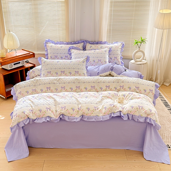 91家纺网 家纺一手货源 找家纺 佳一家纺 2025新款亲肤水洗棉四件套系列 蝴蝶结紫