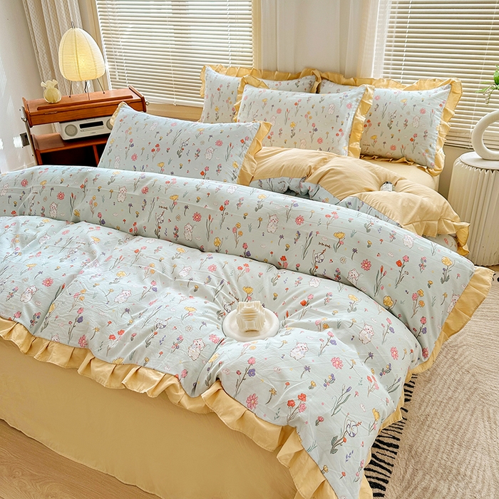 91家纺网 家纺一手货源 找家纺 佳一家纺 2025新款亲肤水洗棉四件套系列 缤纷兔