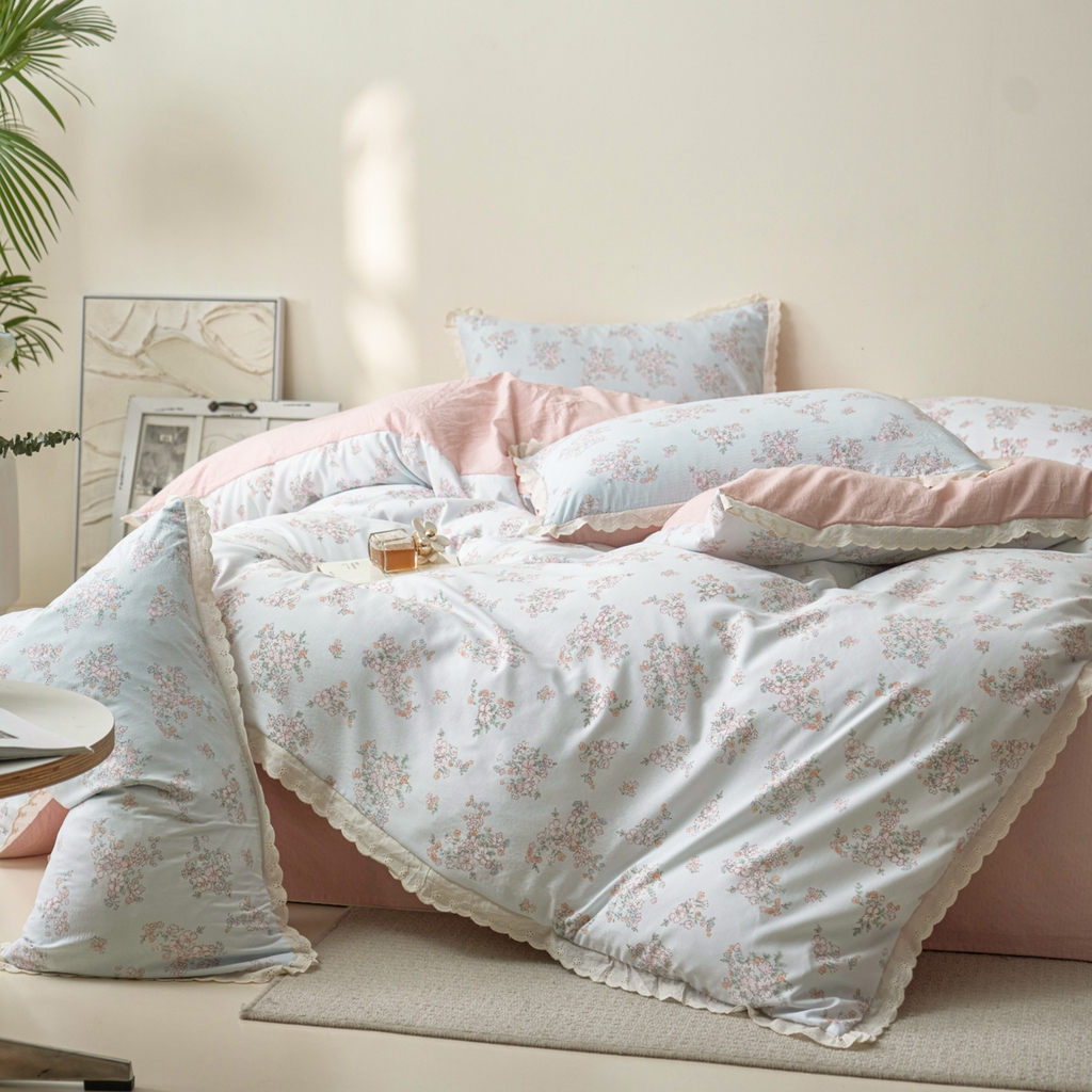 91家纺网 家纺一手货源 找家纺 漫仙阁家纺 2025新款双层纱花边款韩版四件套 初夏