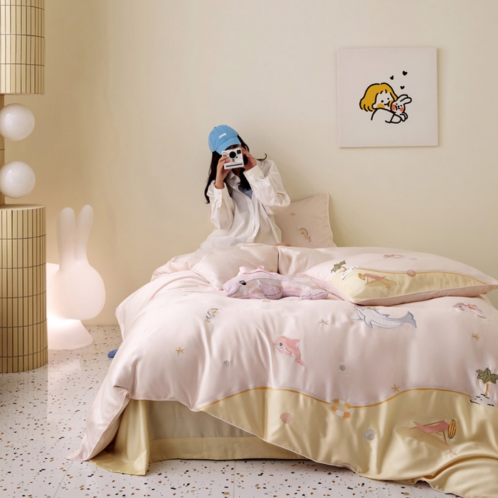 91家纺网 家纺一手货源 找家纺 爱缦 2025新款海边假日系列莱赛尔四件套风格二 粉