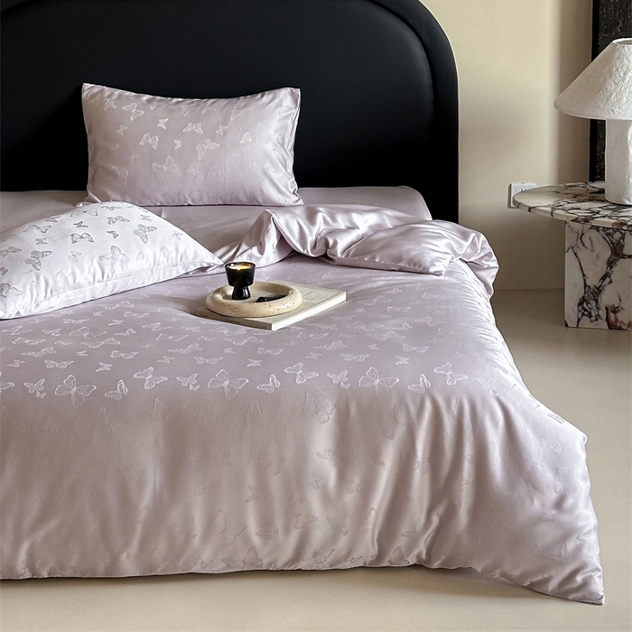 91家纺网 家纺一手货源 找家纺 FORTWO2025新款60支兰精天丝浮雕提花四件套		 云渺-紫