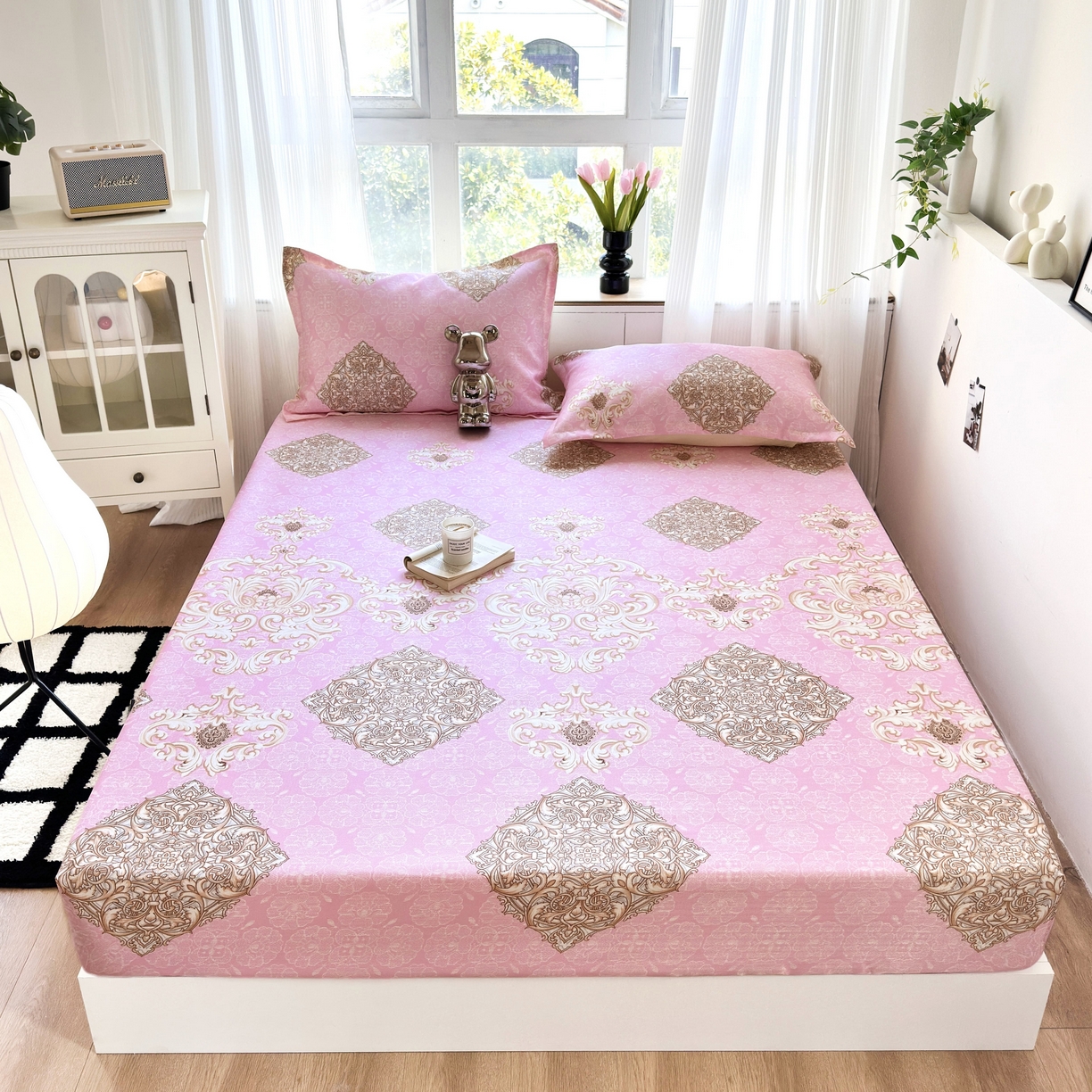 91家纺网 家纺一手货源 找家纺 乐居家纺 2025新款亲肤舒适活性印染水洗冰丝床笠 空谷幽兰-粉