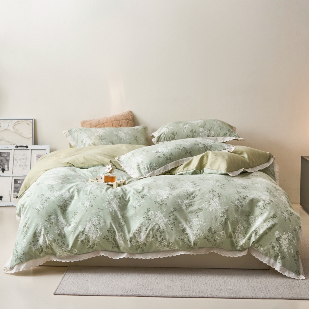 91家纺网 家纺一手货源 找家纺 漫仙阁家纺 2025新款双层纱花边款韩版四件套 绿意