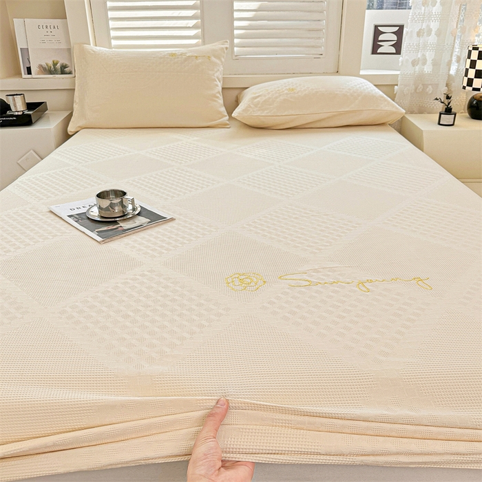 91家纺网 家纺一手货源 找家纺 曼町家居 2025新款全棉华夫格床笠 珍珠白