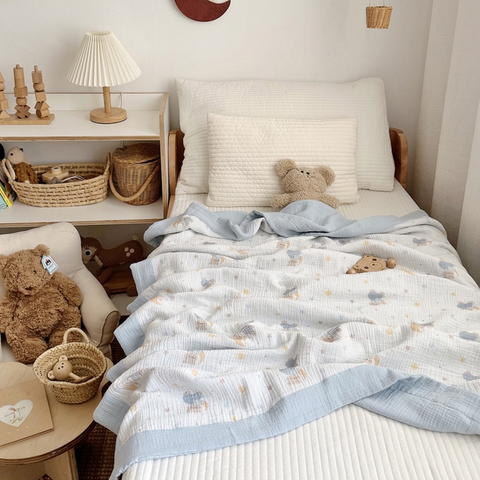 91家纺网 家纺一手货源 找家纺 BOSS 2025新款全棉纯棉皱皱纱儿童盖毯夏被  幼儿园夏被夏凉被空调被 晚安熊