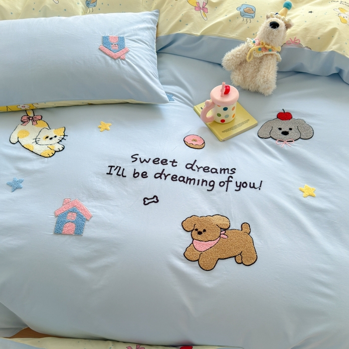 91家纺网 家纺一手货源 找家纺 如意朵2025新款全棉毛巾绣四件套 萌宠乐园