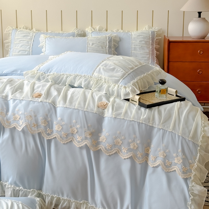 91家纺网 家纺一手货源 找家纺 狂想家 2025高定蕾丝糯小棉安妮系列四件套 晴空兰