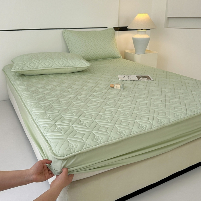 91家纺网 家纺一手货源 找家纺 云雀   2025新款舒适莱赛尔天丝夹棉床笠 菱格床笠-豆绿