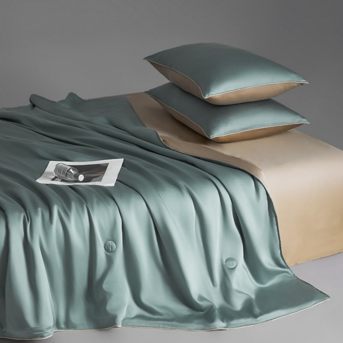 91家纺网 家纺一手货源 找家纺 AB家纺2025新品A类莱赛尔双拼50天丝空调夏被四件套 海青绿-卡其