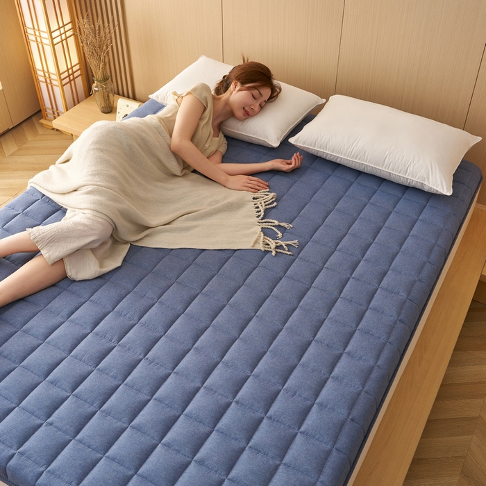 91家纺网 家纺一手货源 找家纺 锦丝钰床垫 2025新款色织水洗棉棉花床垫 牛仔蓝