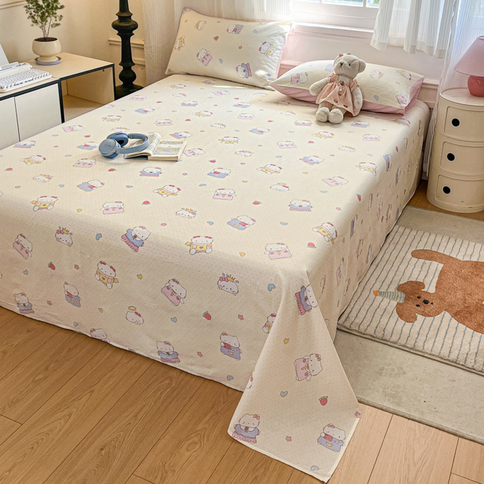 91家纺网 家纺一手货源 找家纺 Sweet dreams甜梦 2025新款全棉纯棉小清新印花床单单品单床单床单单件 草莓小猫