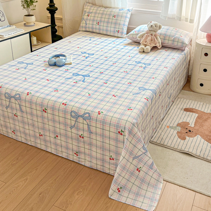 91家纺网 家纺一手货源 找家纺 Sweet dreams甜梦 2025新款全棉纯棉小清新印花床单单品单床单床单单件 蝴蝶结樱桃