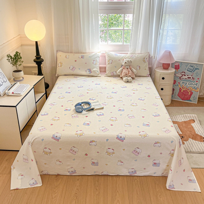 91家纺网 家纺一手货源 找家纺 Sweet dreams甜梦 2025新款全棉纯棉小清新印花床单单品单床单床单单件 草莓小猫