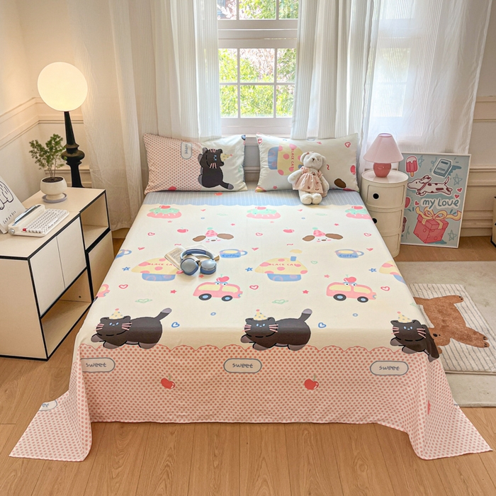 91家纺网 家纺一手货源 找家纺 Sweet dreams甜梦 2025新款全棉纯棉小清新印花床单单品单床单床单单件 蛋糕猫猫