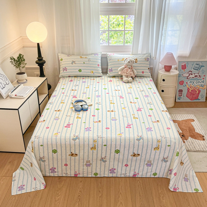 91家纺网 家纺一手货源 找家纺 Sweet dreams甜梦 2025新款全棉纯棉小清新印花床单单品单床单床单单件 奇趣动物园