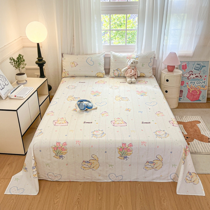 91家纺网 家纺一手货源 找家纺 Sweet dreams甜梦 2025新款全棉纯棉小清新印花床单单品单床单床单单件 花花小猫