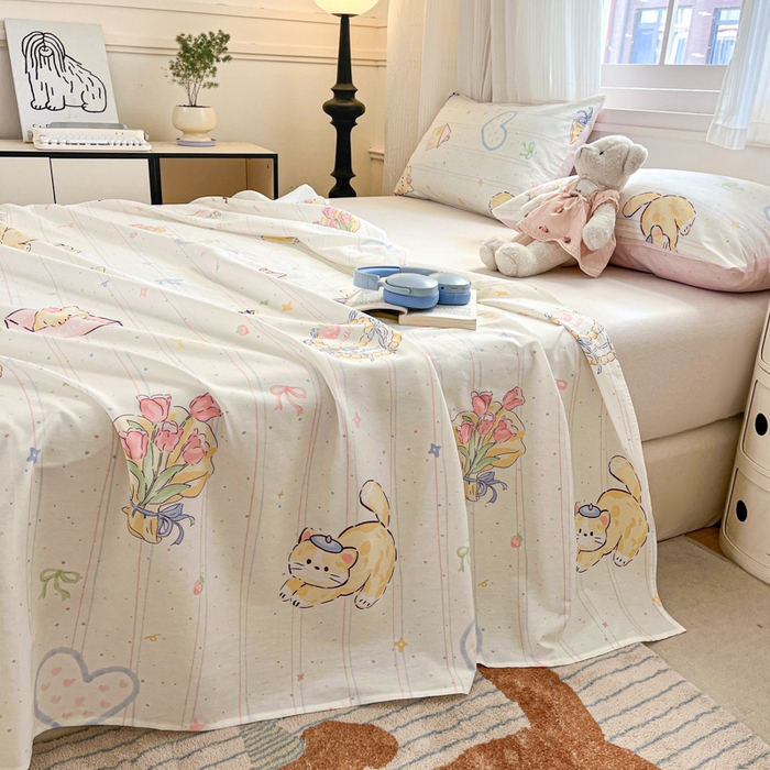 91家纺网 家纺一手货源 找家纺 Sweet dreams甜梦 2025新款全棉纯棉小清新印花床单单品单床单床单单件 花花小猫