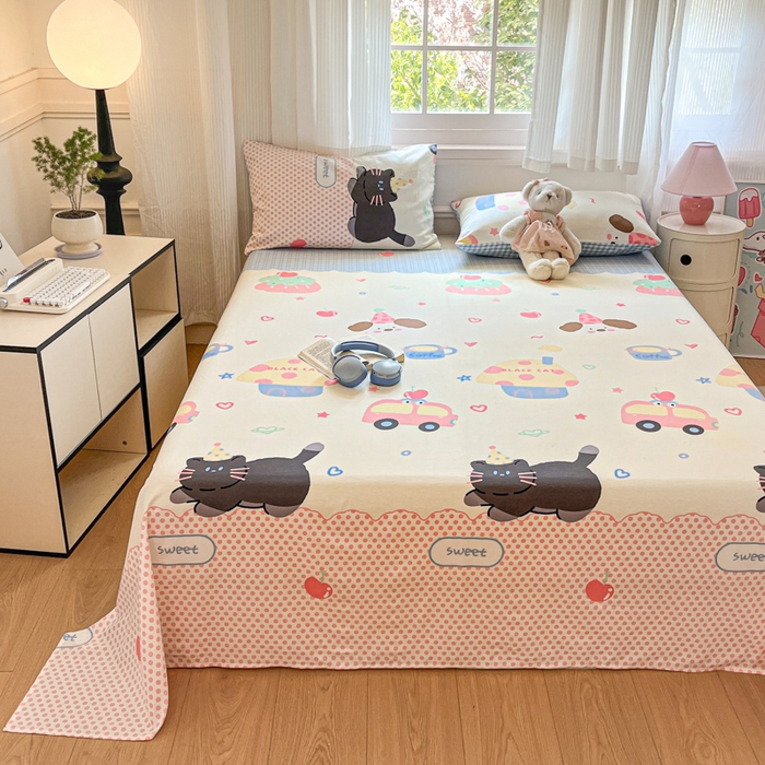 91家纺网 家纺一手货源 找家纺 Sweet dreams甜梦 2025新款全棉纯棉小清新印花床单单品单床单床单单件 蛋糕猫猫
