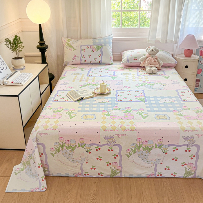 91家纺网 家纺一手货源 找家纺 Sweet dreams甜梦 2025新款全棉纯棉小清新印花床单单品单床单床单单件 郁金香小狗