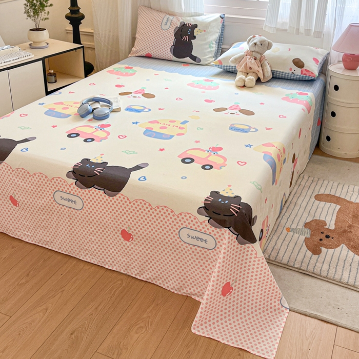 91家纺网 家纺一手货源 找家纺 Sweet dreams甜梦 2025新款全棉纯棉小清新印花床单单品单床单床单单件 蛋糕猫猫