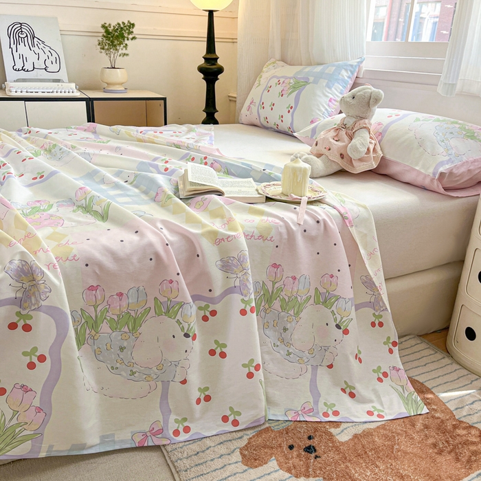 91家纺网 家纺一手货源 找家纺 Sweet dreams甜梦 2025新款全棉纯棉小清新印花床单单品单床单床单单件 郁金香小狗