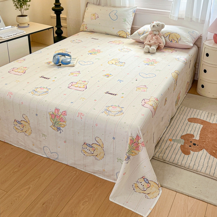 91家纺网 家纺一手货源 找家纺 Sweet dreams甜梦 2025新款全棉纯棉小清新印花床单单品单床单床单单件 花花小猫