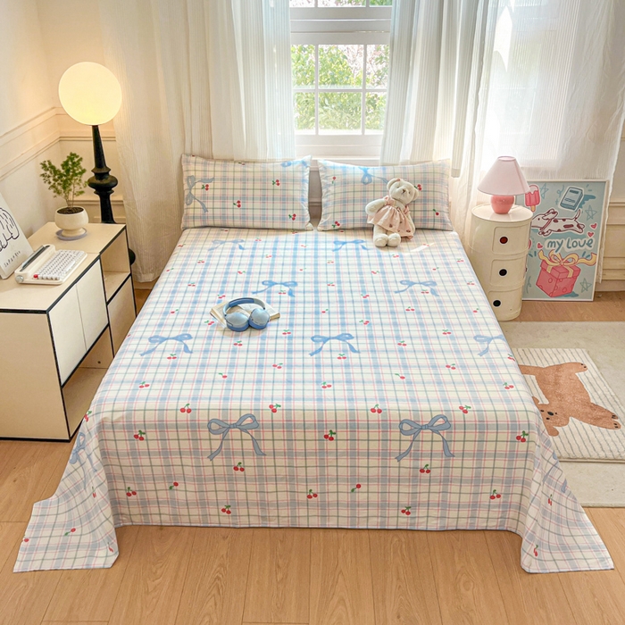 91家纺网 家纺一手货源 找家纺 Sweet dreams甜梦 2025新款全棉纯棉小清新印花床单单品单床单床单单件 蝴蝶结樱桃