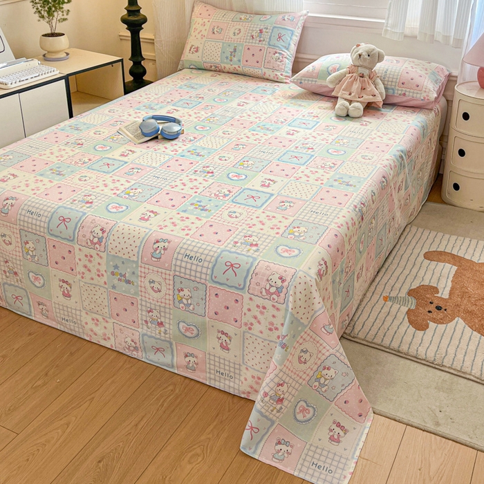 91家纺网 家纺一手货源 找家纺 Sweet dreams甜梦 2025新款全棉纯棉小清新印花床单单品单床单床单单件 格子猫猫