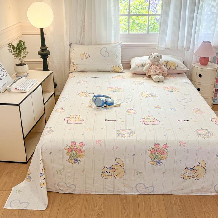 91家纺网 家纺一手货源 找家纺 Sweet dreams甜梦 2025新款全棉纯棉小清新印花床单单品单床单床单单件 花花小猫