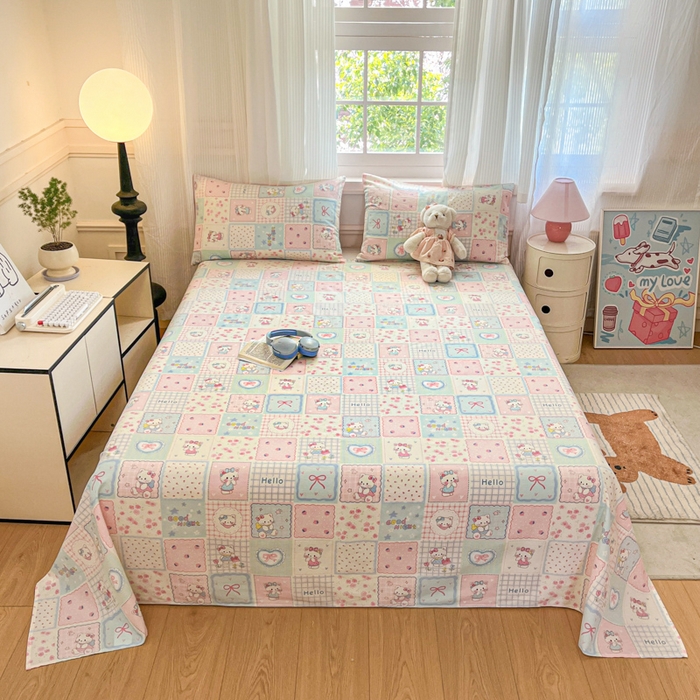 91家纺网 家纺一手货源 找家纺 Sweet dreams甜梦 2025新款全棉纯棉小清新印花床单单品单床单床单单件 格子猫猫