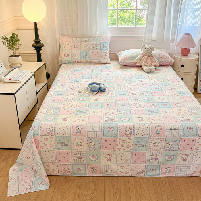 91家纺网 家纺一手货源 找家纺 Sweet dreams甜梦 2025新款全棉纯棉小清新印花床单单品单床单床单单件 格子猫猫