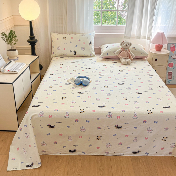 91家纺网 家纺一手货源 找家纺 Sweet dreams甜梦 2025新款全棉纯棉小清新印花床单单品单床单床单单件 蝴蝶结小狗