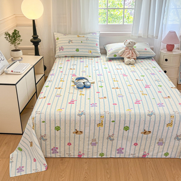 91家纺网 家纺一手货源 找家纺 Sweet dreams甜梦 2025新款全棉纯棉小清新印花床单单品单床单床单单件 奇趣动物园