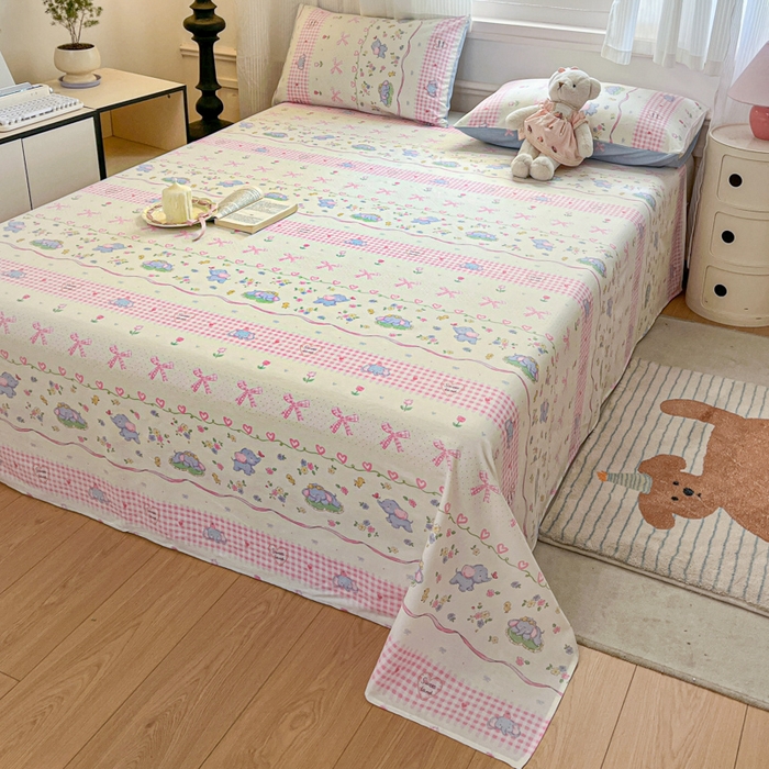 91家纺网 家纺一手货源 找家纺 Sweet dreams甜梦 2025新款全棉纯棉小清新印花床单单品单床单床单单件 花花小象