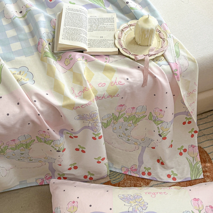 91家纺网 家纺一手货源 找家纺 Sweet dreams甜梦 2025新款全棉纯棉小清新印花床单单品单床单床单单件 郁金香小狗