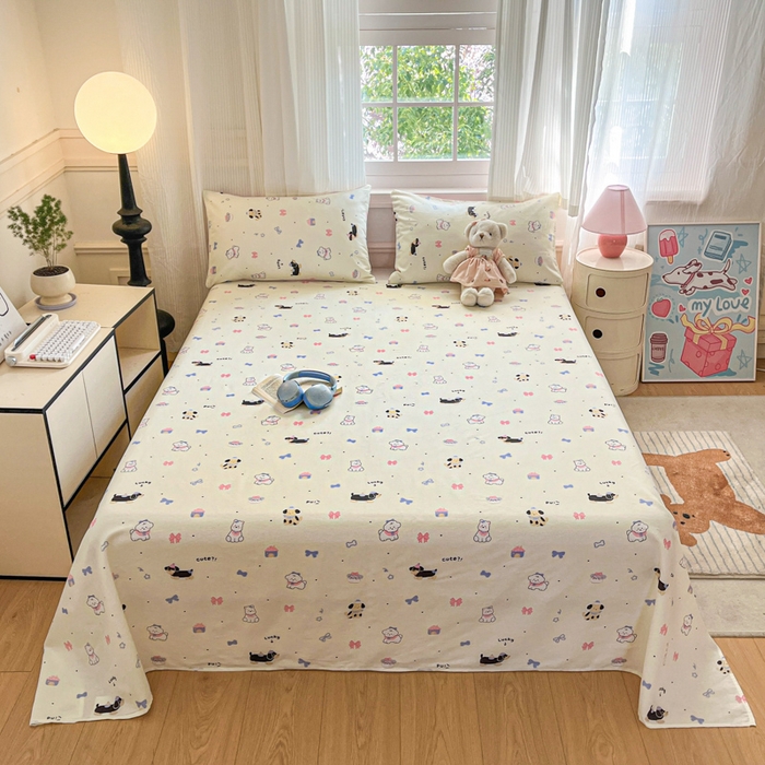 91家纺网 家纺一手货源 找家纺 Sweet dreams甜梦 2025新款全棉纯棉小清新印花床单单品单床单床单单件 蝴蝶结小狗