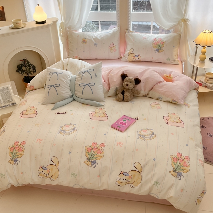 91家纺网 家纺一手货源 找家纺 Sweet dreams甜梦 2025新款全棉纯棉小清新卡通被套单品单被套被套单件 花花小猫