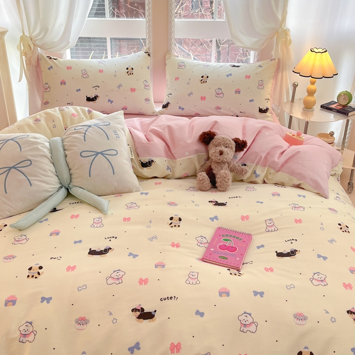 91家纺网 家纺一手货源 找家纺 Sweet dreams甜梦 2025新款全棉纯棉小清新卡通被套单品单被套被套单件 蝴蝶结小狗