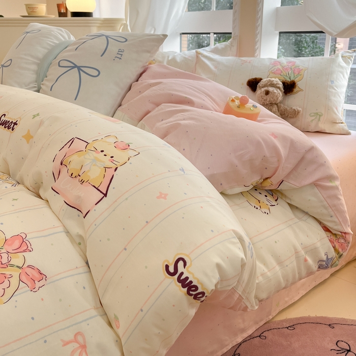 91家纺网 家纺一手货源 找家纺 Sweet dreams甜梦 2025新款全棉纯棉小清新卡通被套单品单被套被套单件 花花小猫