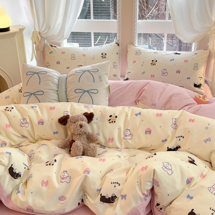 91家纺网 家纺一手货源 找家纺 Sweet dreams甜梦 2025新款全棉纯棉小清新卡通被套单品单被套被套单件 蝴蝶结小狗
