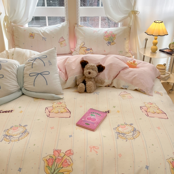 91家纺网 家纺一手货源 找家纺 Sweet dreams甜梦 2025新款全棉纯棉小清新卡通被套单品单被套被套单件 花花小猫