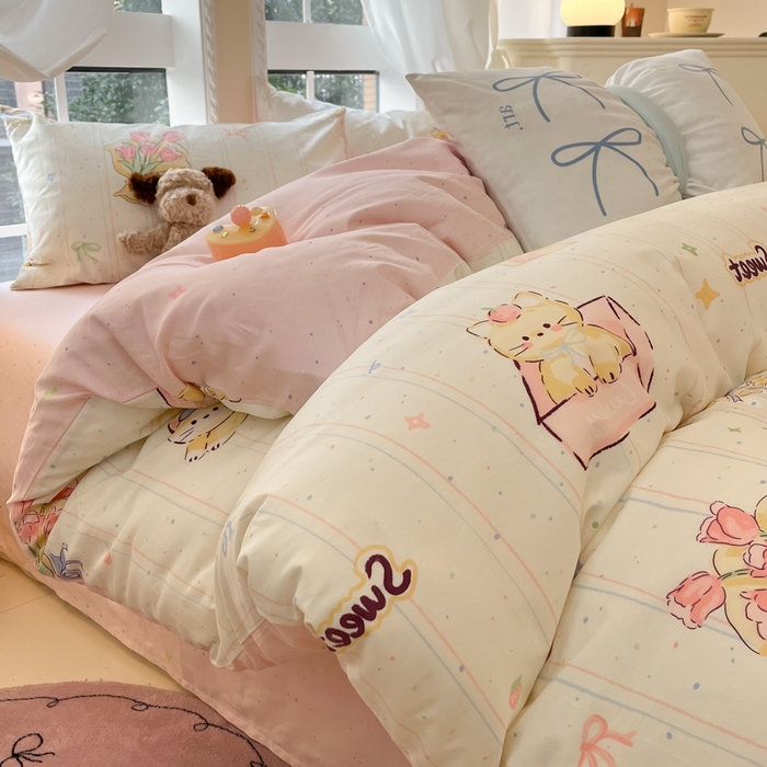 91家纺网 家纺一手货源 找家纺 Sweet dreams甜梦 2025新款全棉纯棉小清新卡通被套单品单被套被套单件 花花小猫