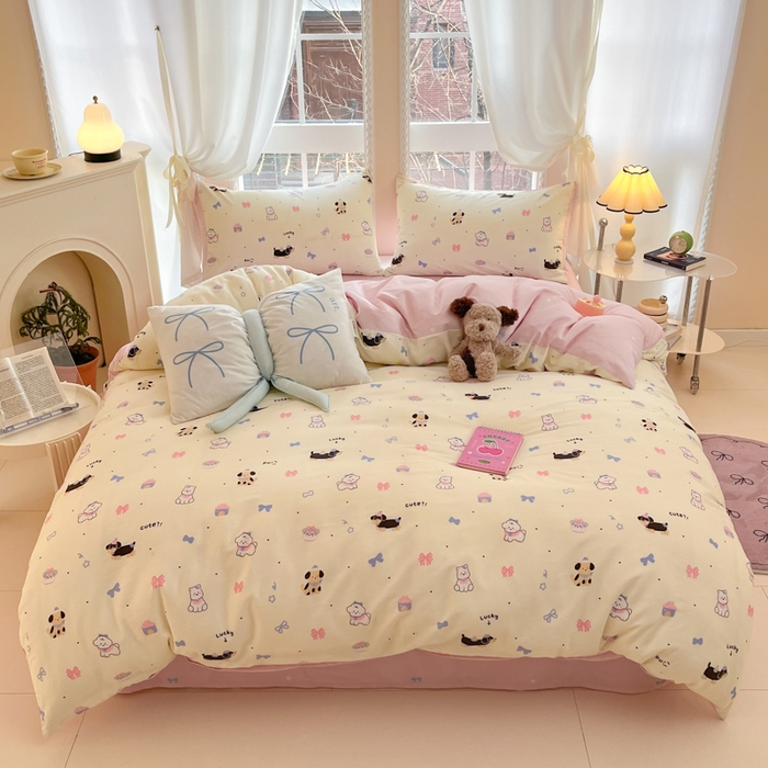 91家纺网 家纺一手货源 找家纺 Sweet dreams甜梦 2025新款全棉纯棉小清新卡通被套单品单被套被套单件 蝴蝶结小狗