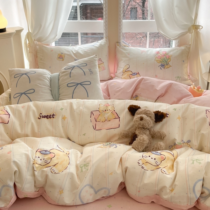 91家纺网 家纺一手货源 找家纺 Sweet dreams甜梦 2025新款全棉纯棉小清新卡通被套单品单被套被套单件 花花小猫