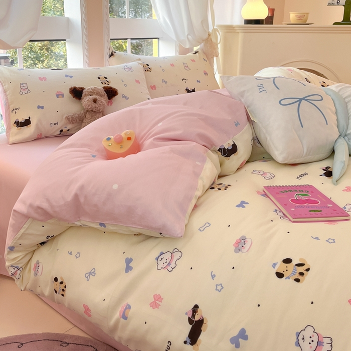 91家纺网 家纺一手货源 找家纺 Sweet dreams甜梦 2025新款全棉纯棉小清新卡通被套单品单被套被套单件 蝴蝶结小狗