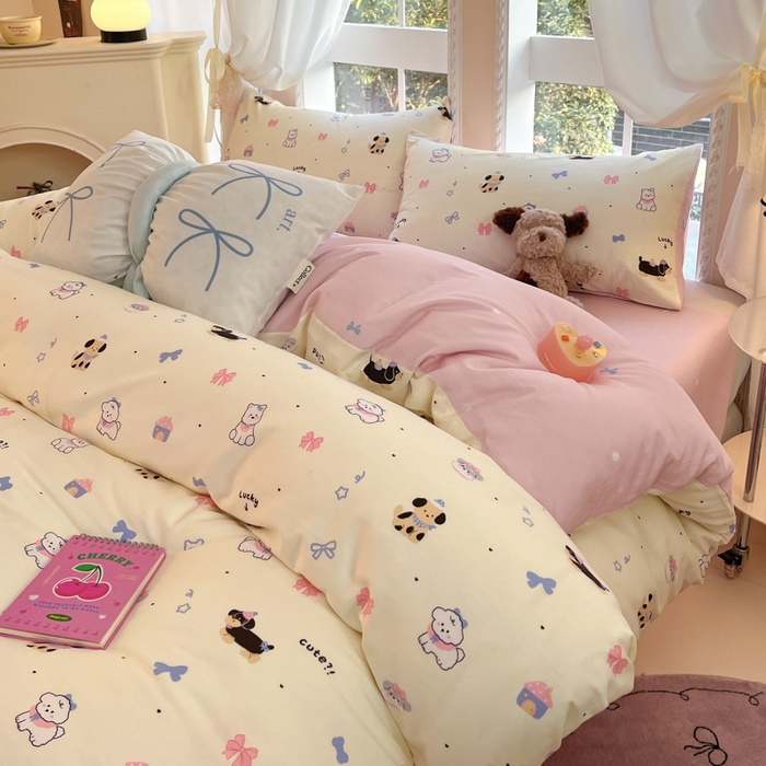 91家纺网 家纺一手货源 找家纺 Sweet dreams甜梦 2025新款全棉纯棉小清新卡通被套单品单被套被套单件 蝴蝶结小狗
