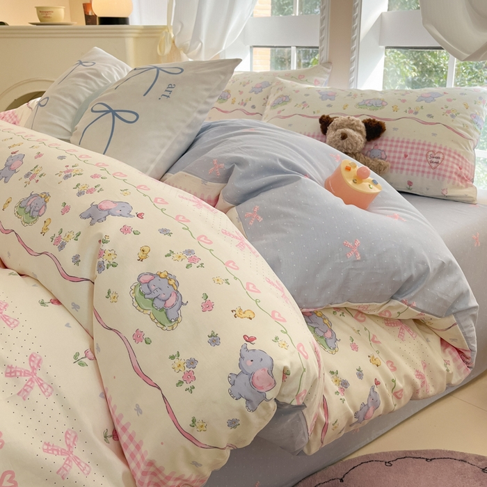 91家纺网 家纺一手货源 找家纺 Sweet dreams甜梦 2025新款全棉纯棉小清新卡通被套单品单被套被套单件 花花小象